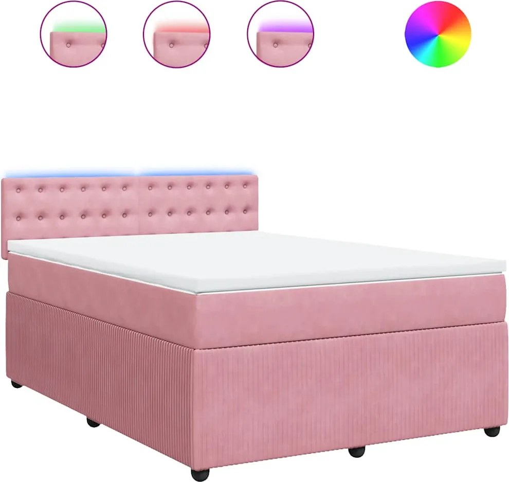 vidaXL Pat box spring cu saltea, roz, 140x190 cm, catifea