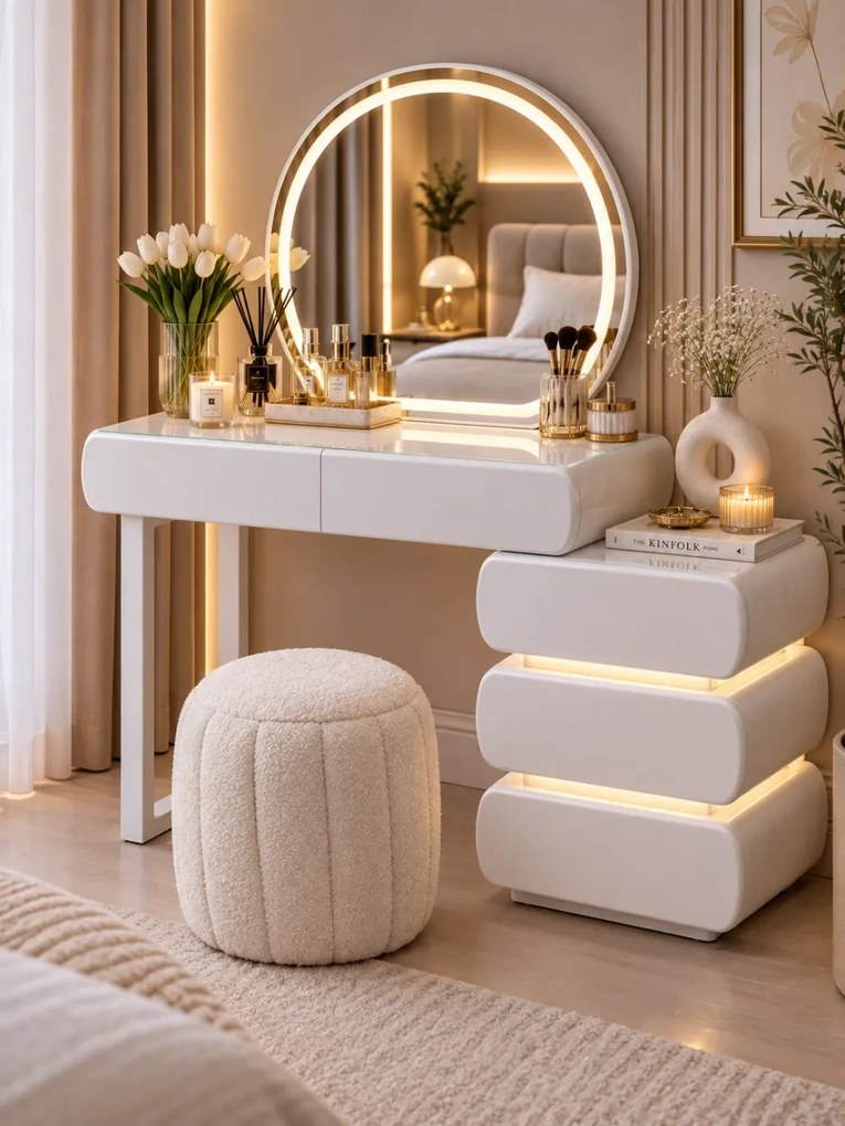 Set ÉLORIA — Masă de Toaletă pentru Machiaj cu Oglindă iluminată LED, 3 culori, Control Touch, Comodă cu sertare iluminate, Taburet, Alb