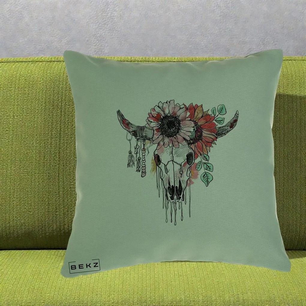 Perna Decorativa Craniu Boho Floral, 40x40 cm, Verde, Husa Detasabila, Perna Inclusa, BEKZ®