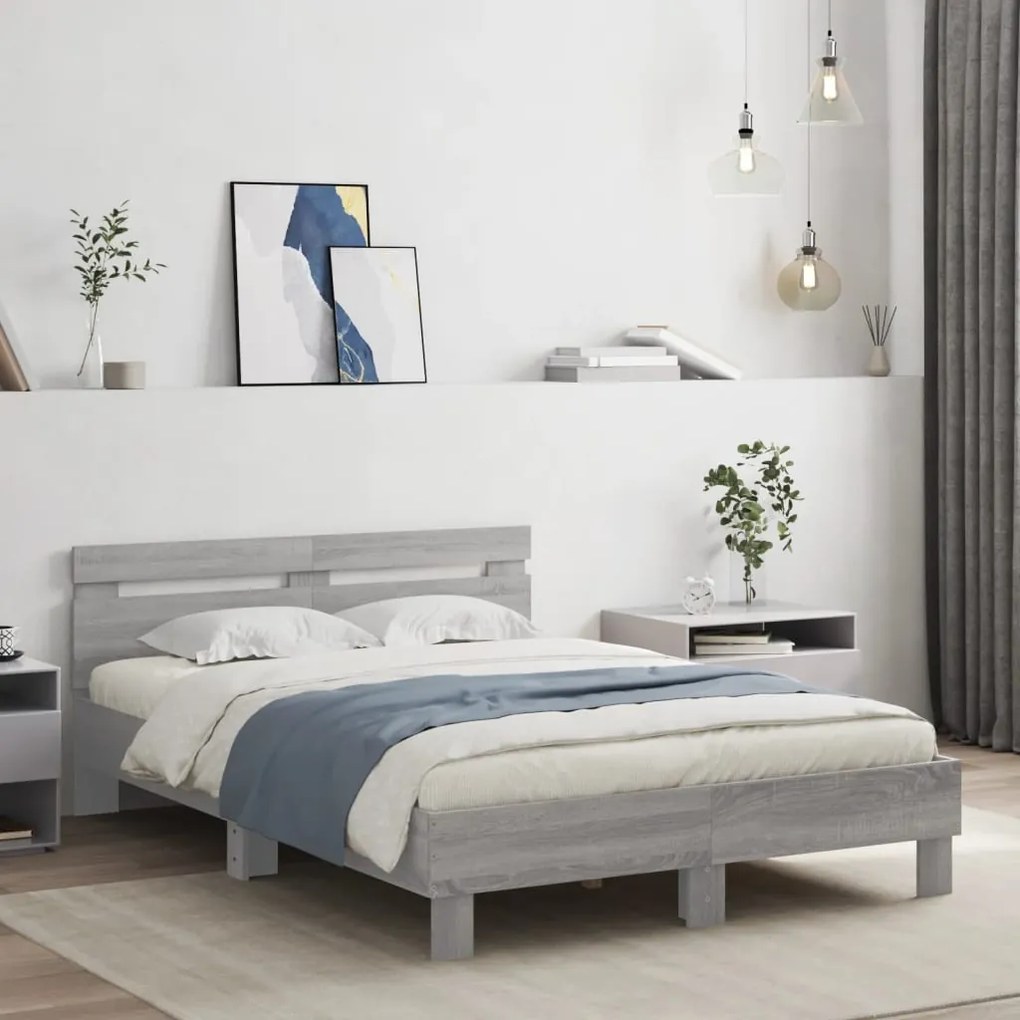vidaXL Cadru de pat cu tăblie și LED, gri sonoma, 120x190 cm