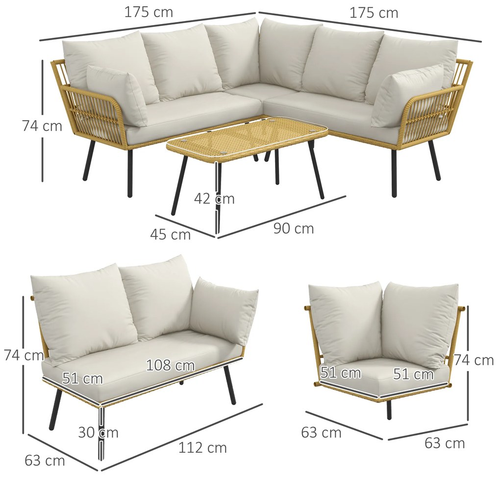 Outsunny Set de Mobilier de Grădină din Ratan din 4 Piese cu Canapea de Colț cu Perne și Măsuță de Cafea, 11x63x74 cm, Crem | Aosom Romania