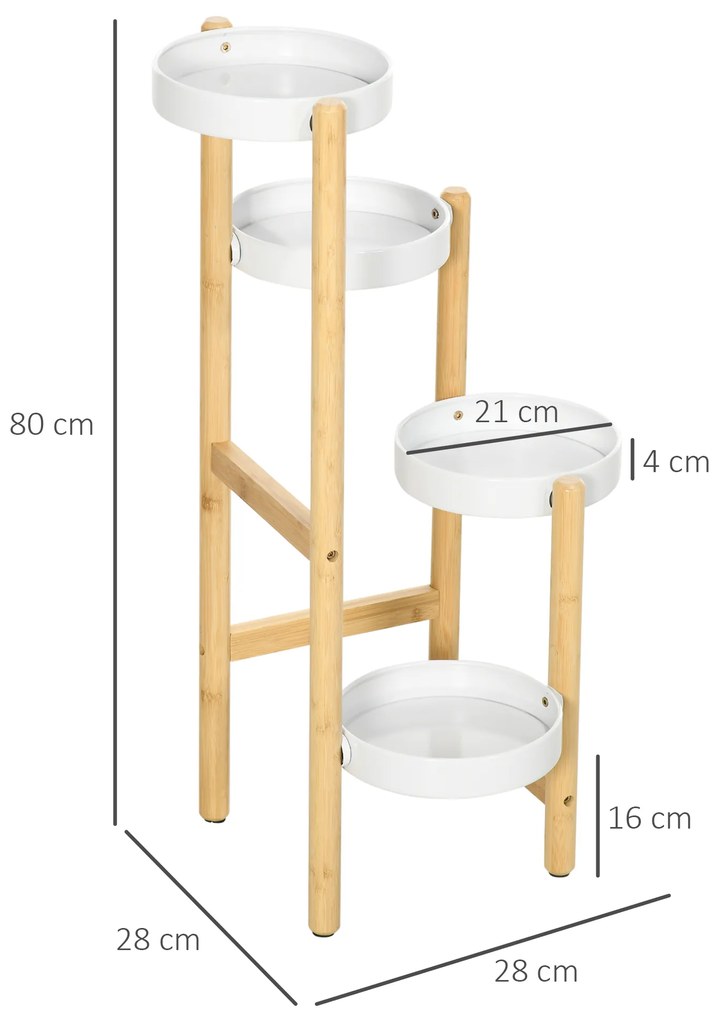 Outsunny Suport pentru Plante cu 4 Rafturi din Bambus și Metal, 28x28x80 cm, Alb | Aosom Romania