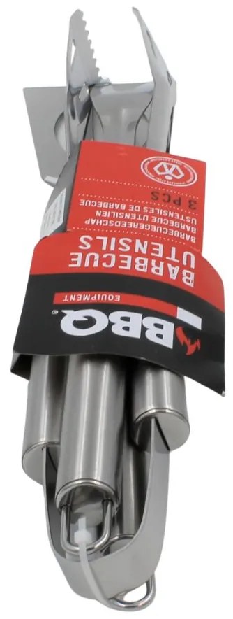 Set 3 ustensile pentru grătar – inox, 35 cm: spatulă, furculiță și clește