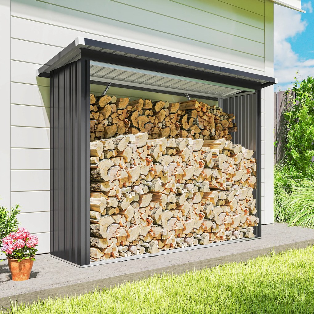 Outsunny Adăpost pentru Lemne din Oțel Exterior, Bază Ridicată și Acoperiș Înclinat, 213x66.5x150 cm, Gri Închis | Aosom Romania
