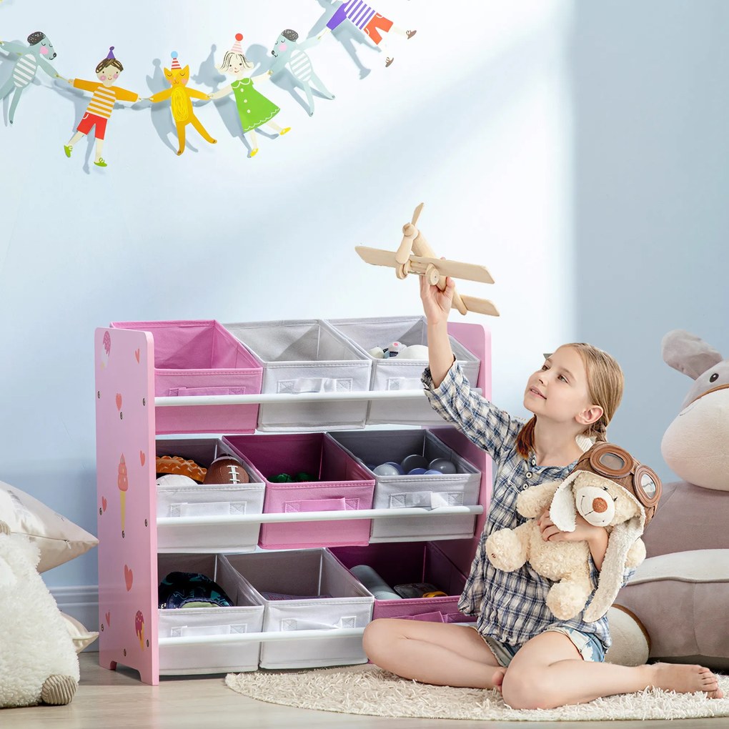 ZONEKIZ Dulăpior de Jucării cu 9 Coșuri Detașabile din MDF și Material Textil Roz | Aosom Romania