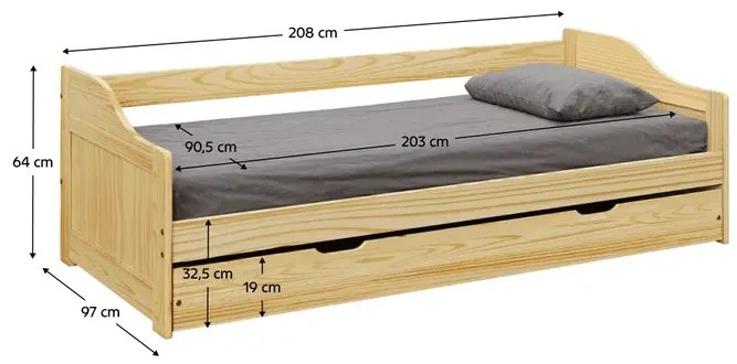 Pat cu pat suplimentar extensibil, natural, din lemn masiv, 90x200, LAURA NEW