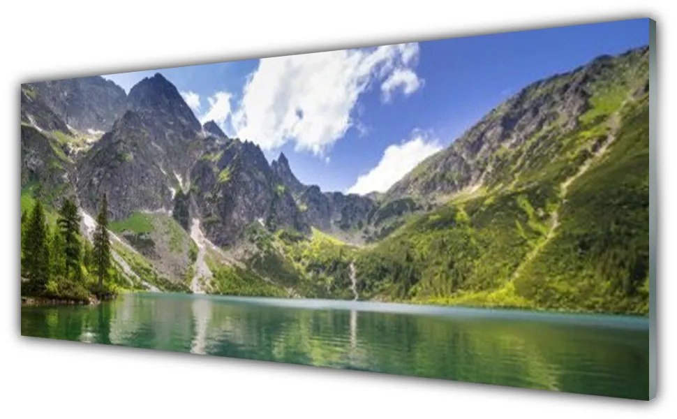 Tablou pe sticla Mountain Lake Peisaj Gri Verde Albastru