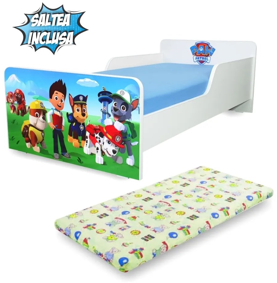 Pat copii 2-12 ani Start Paw Patrol, cu saltea 160x80 cu lana- PC-P-MOK-PAW-80