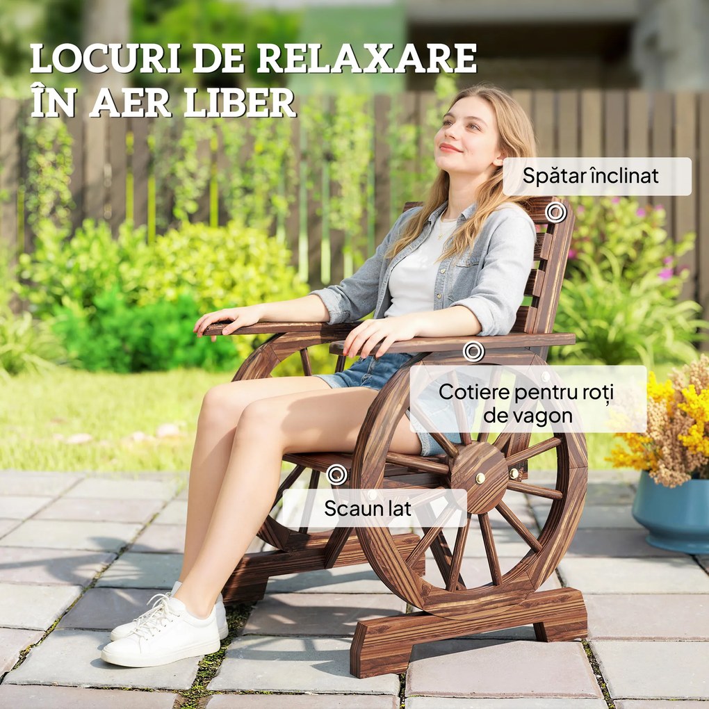 Outsunny Bancă de Grădină din Lemn cu Șipci 1 Loc, Scaun de Exterior cu Cotiere și Roată, Fotoliu Masiv, Șezut Spațios, Spătar Înclinat, Grădină, Curte, Verandă, Carbonizat | Aosom Romania