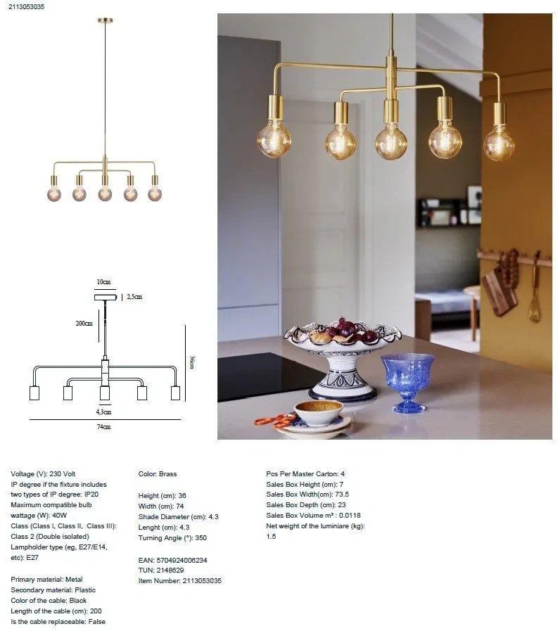 Pendul cu 5 surse de iluminat modern Gloom alama