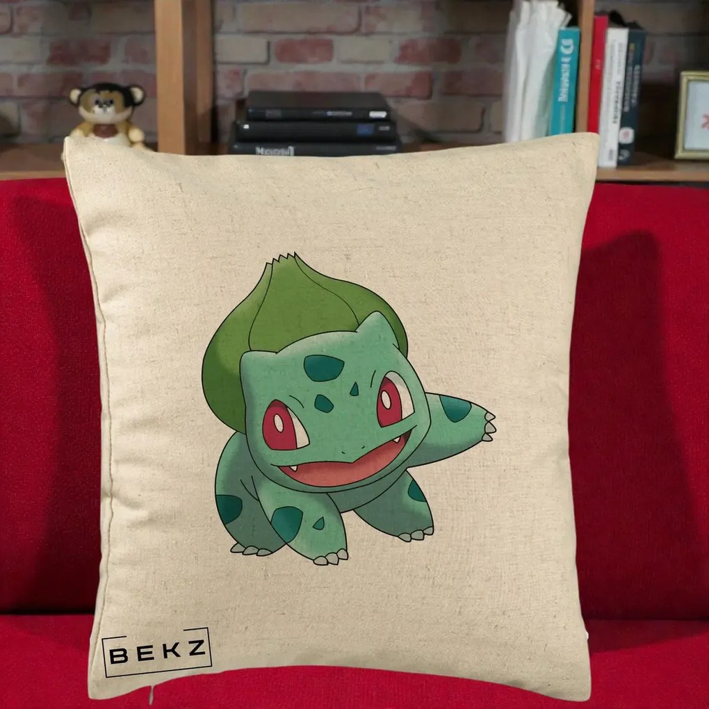 Perna Personalizata Bulbasaur Pokemon, 40x40 cm, Bej, Husa Detasabila, Perna Inclusa, BEKZ®