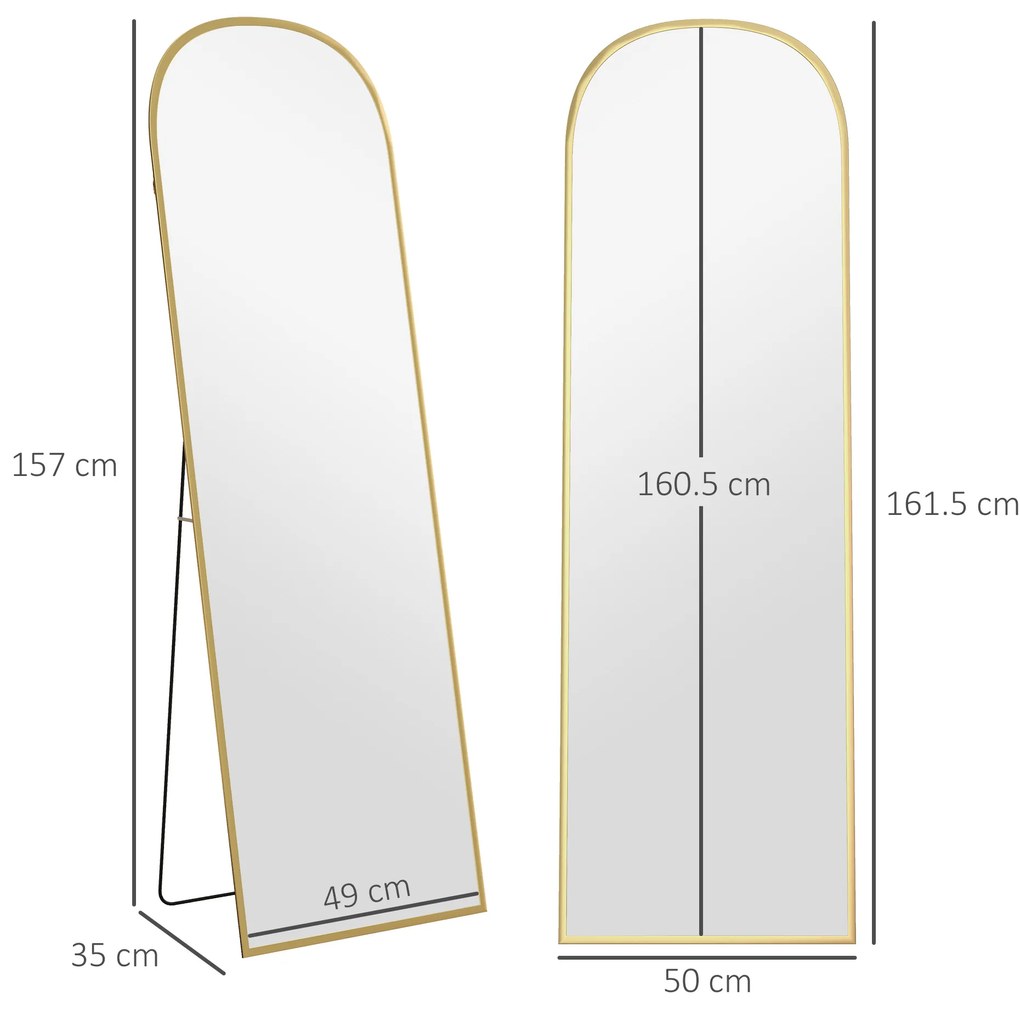 HOMCOM Oglindă de Podea și Perete cu Suport Pliabil, 50x161.5cm, Auriu | Aosom Romania