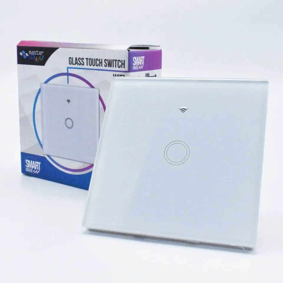 Intrerupator simplu smart, sticla securizata alba, control Tuya, Masterled