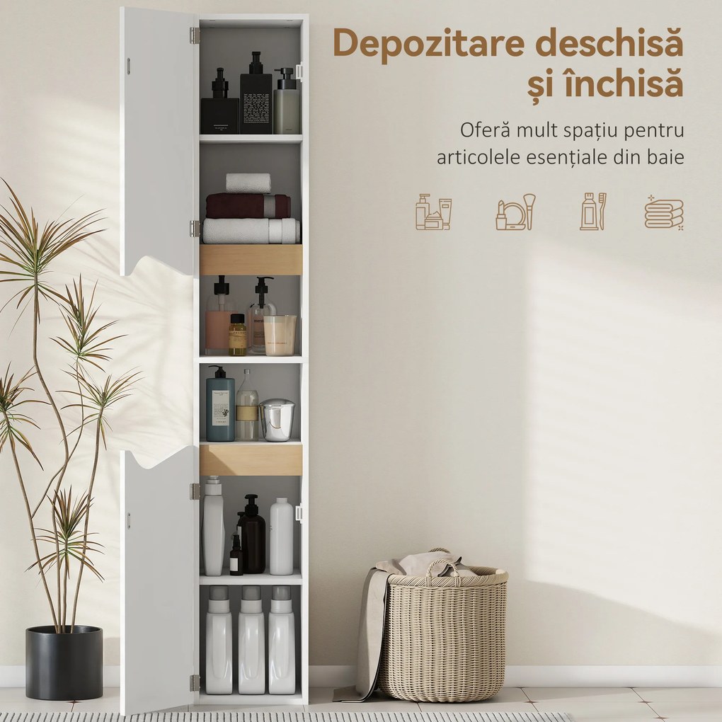 HOMCOM Dulăpior Înalț și Îngust pentru Baie cu 2 Uși, 2 Rafturi - Alb | Aosom Romania