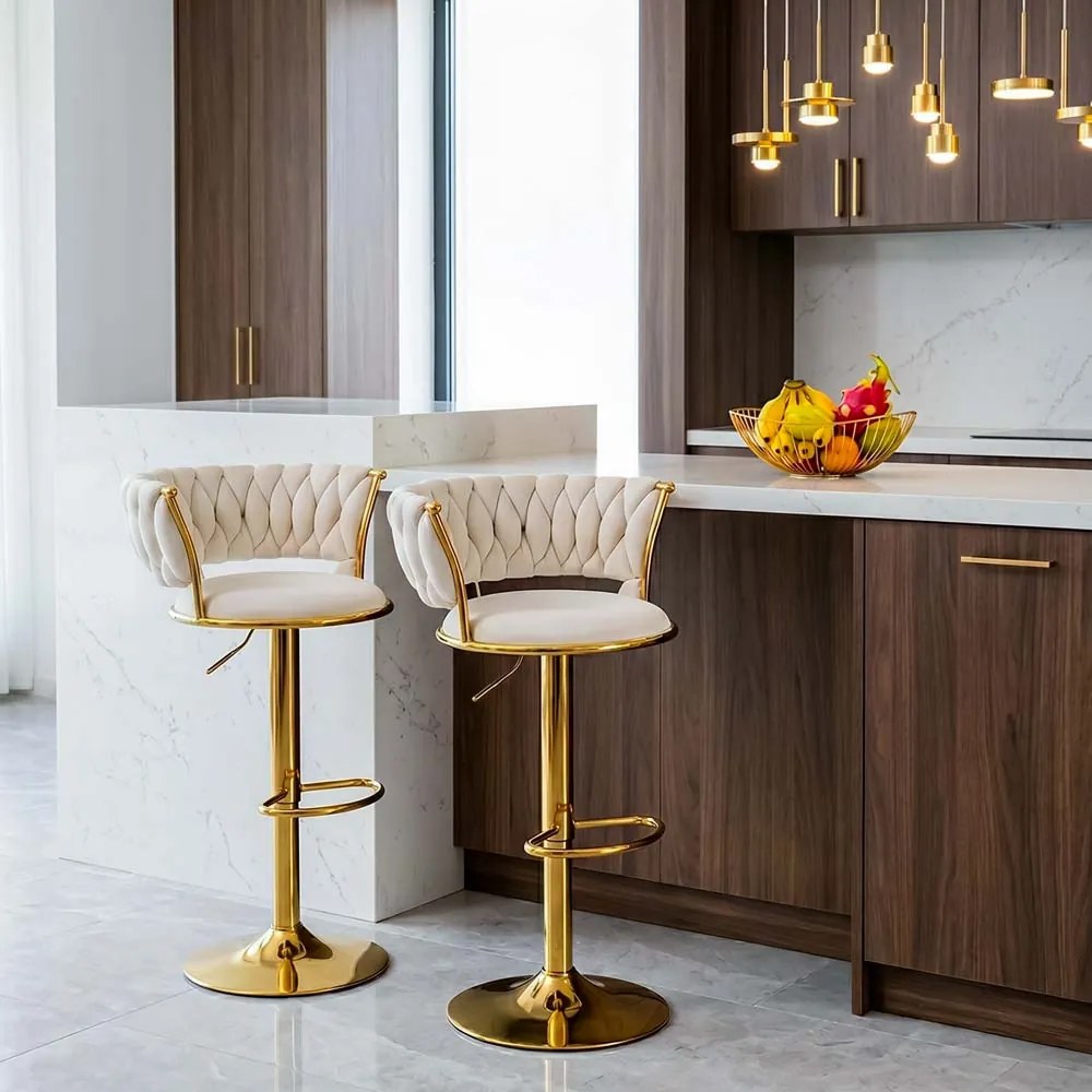 Scaun de bar din catifea cu bază metalică aurie ABS 118 crem