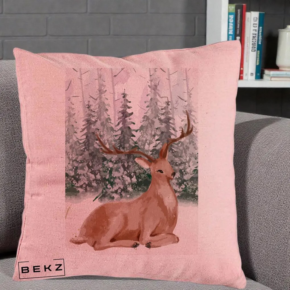 Perna Decorativa Ren in Padure Roz Moale, 40x40 cm, Roz, Husa Detasabila, Perna Inclusa, BEKZ®