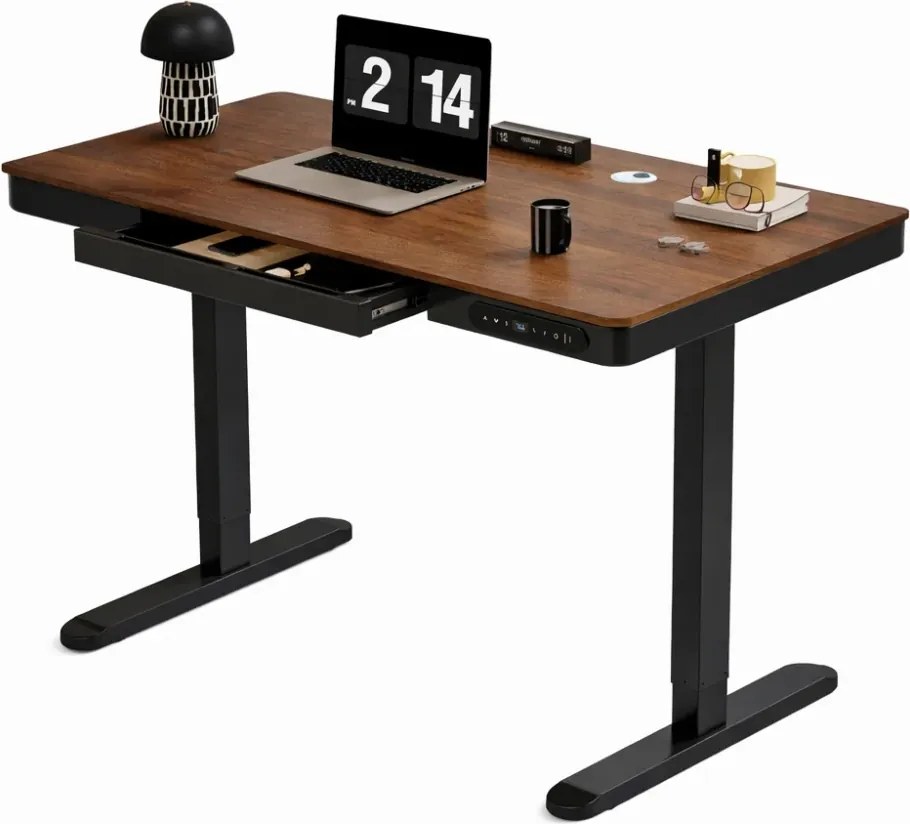 RESIGILAT- Birou Electric Reglabil pe Înălțime cu Sertar Ascuns, Încărcare Wireless & USB, Senzor de siguranță, 140x60, Nuc/Negru