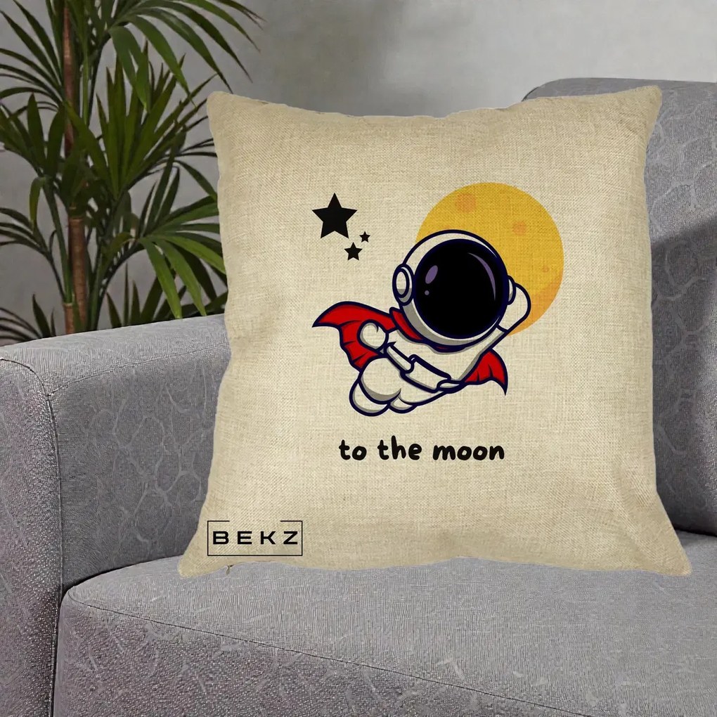 Perna Decorativa Astronaut To The Moon, 40x40 cm, Crem, Husa Detasabila, Perna Inclusa, BEKZ®