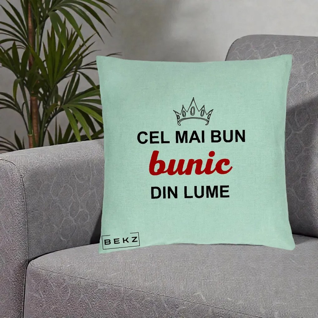 Cadou pentru Bunic - Perna Personalizata Cel Mai Bun Bunic Din Lume Coroana Rosu, 40x40 cm, Verde Menta, Husa Detasabila, Perna Inclusa, BEKZ®
