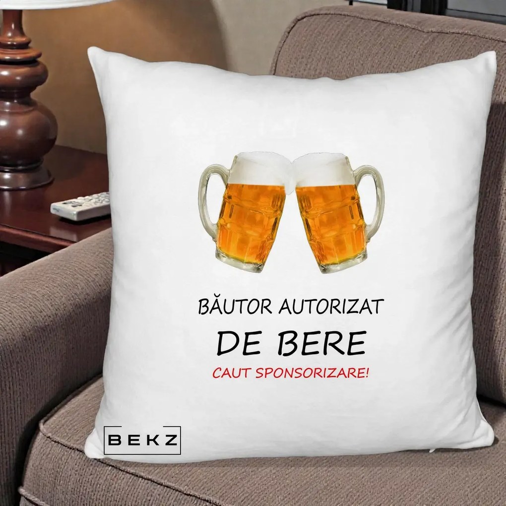 Perna Decorativa Bautor Autorizat de Bere, 40x40 cm, Alb Pufos, Husa Detasabila, Perna Inclusa, BEKZ®