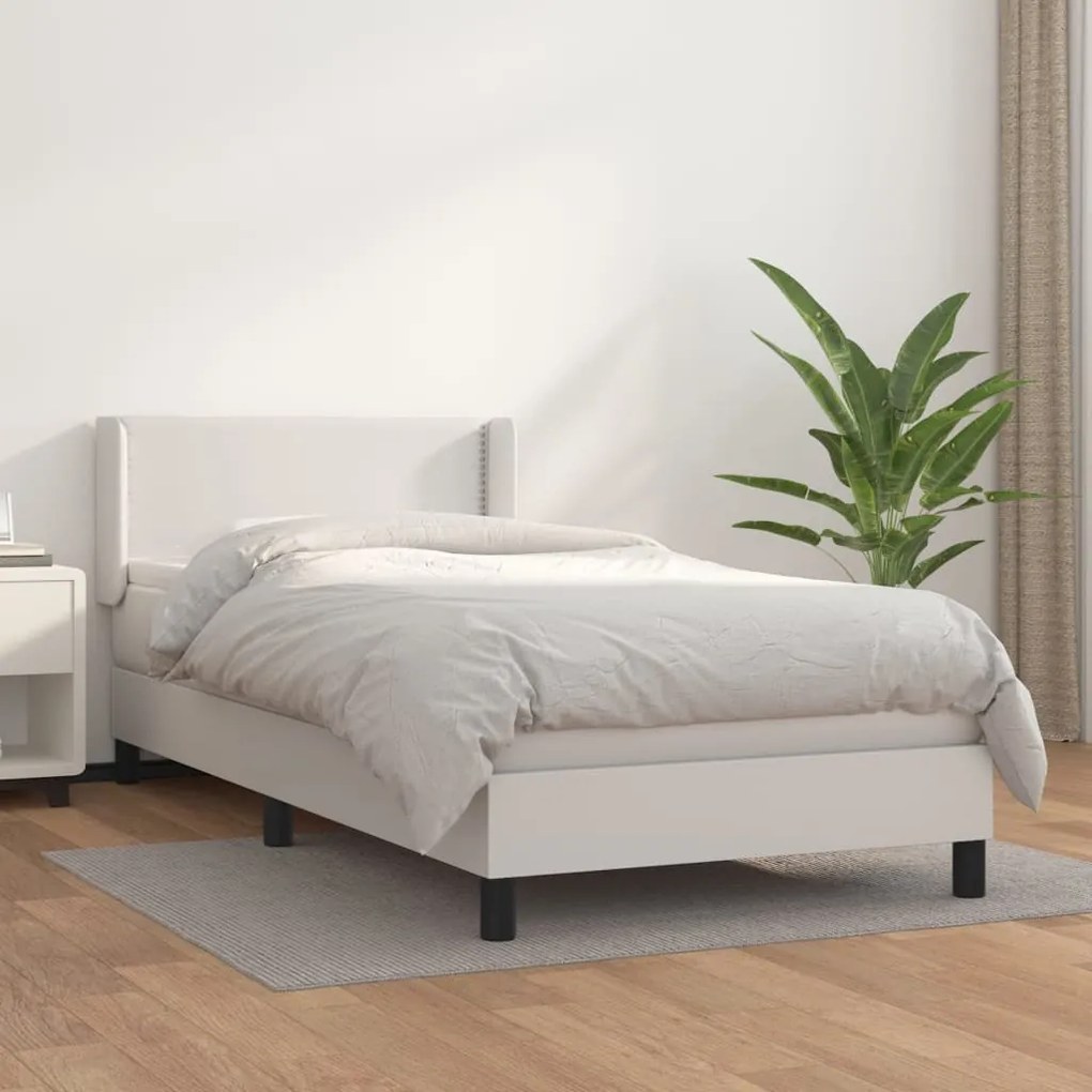 3130698 vidaXL Pat box spring cu saltea, alb, 90x200 cm, piele ecologică