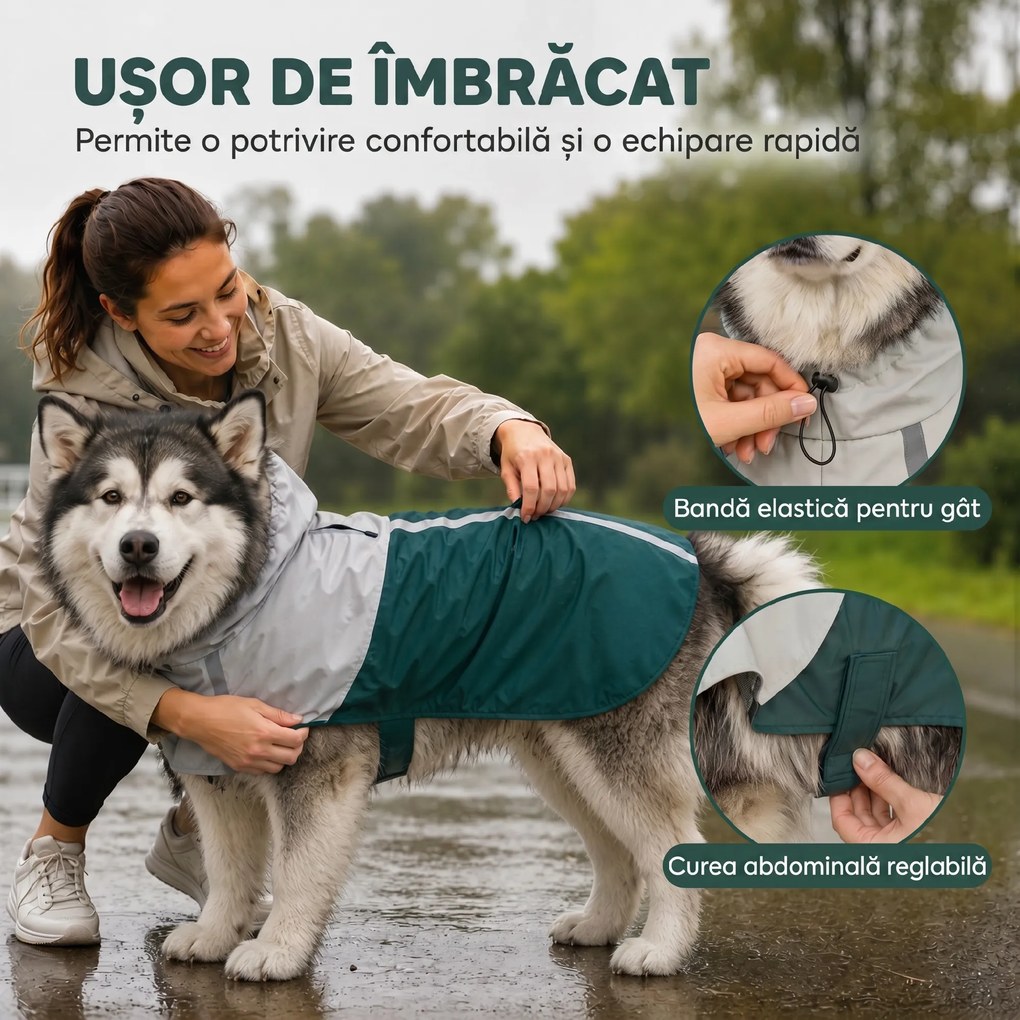 PawHut Impermeabil pentru Câini de Talie Foarte Mare, cu Glugă, Orificiu pentru Lesă și Benzi Reflectorizante, Verde | Aosom Romania