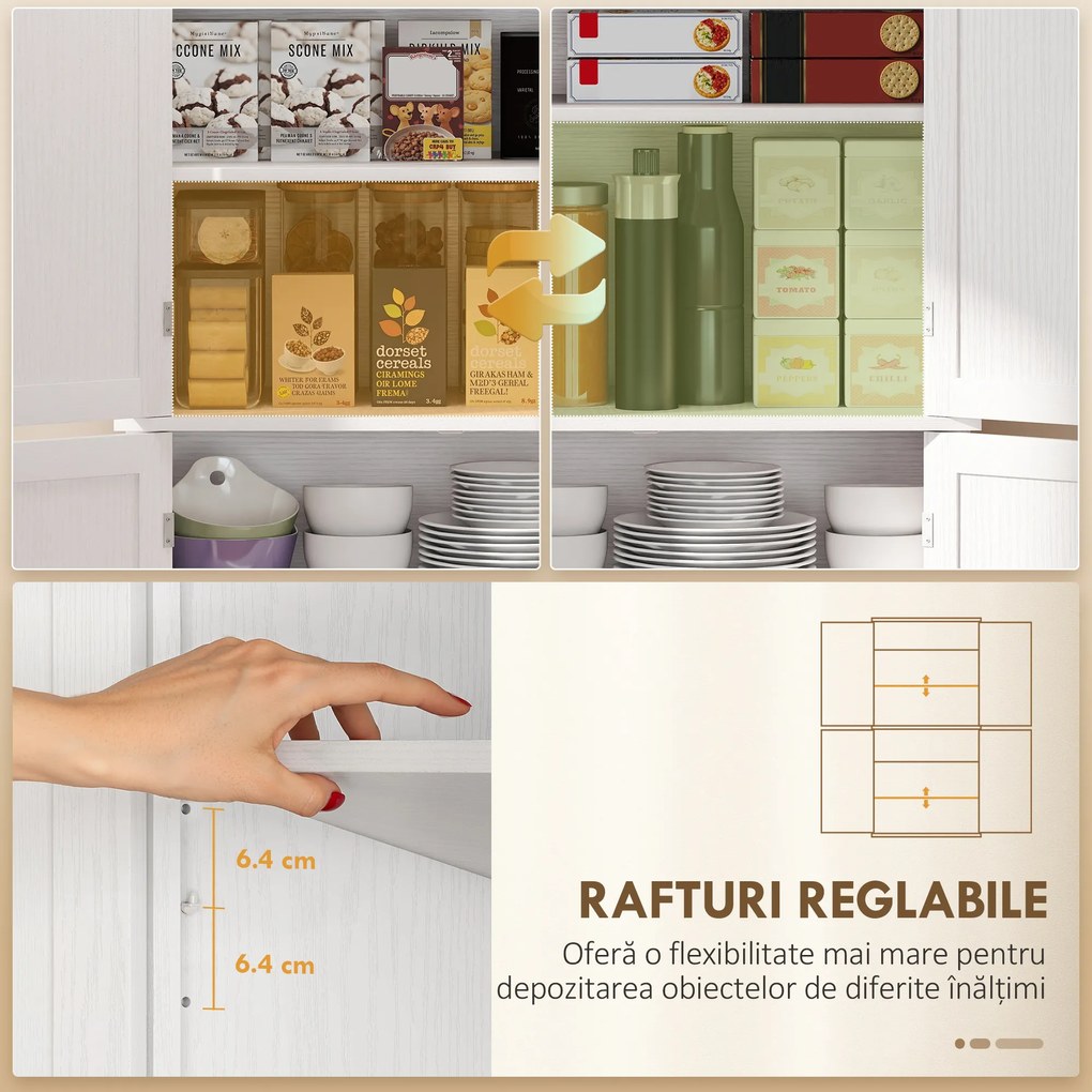 HOMCOM Dulap Înalt de Bucătărie cu 6 Rafturi și 2 Uși, Dulap cu Rafturi Reglabile din Lemn, 76x40,5x184 cm, Alb | Aosom Romania