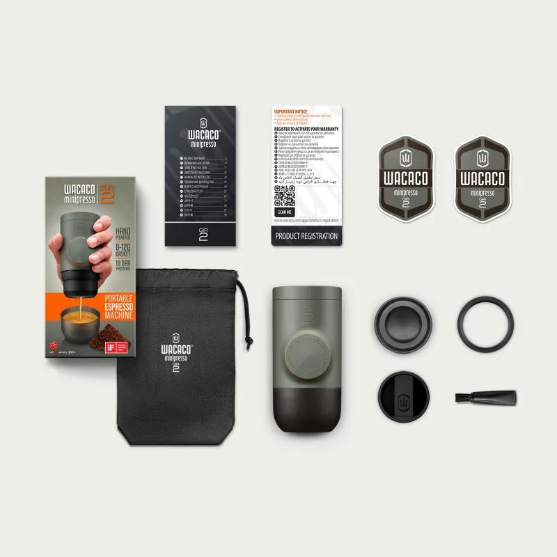 Espressor portabil Wacaco Minipresso GR2, Fara incarcare si baterii, 80 ml, 18 bar, Cafea macinata, Husa, Gri/Negru