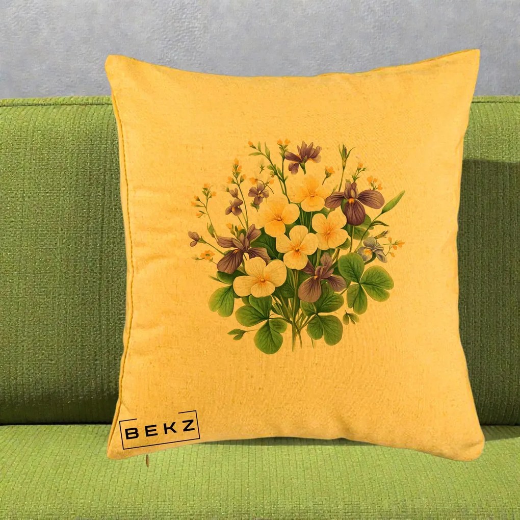 Perna Decorativa Viorele Iris Violet si Trifoi, 40x40 cm, Galben, Husa Detasabila, Perna Inclusa, BEKZ®