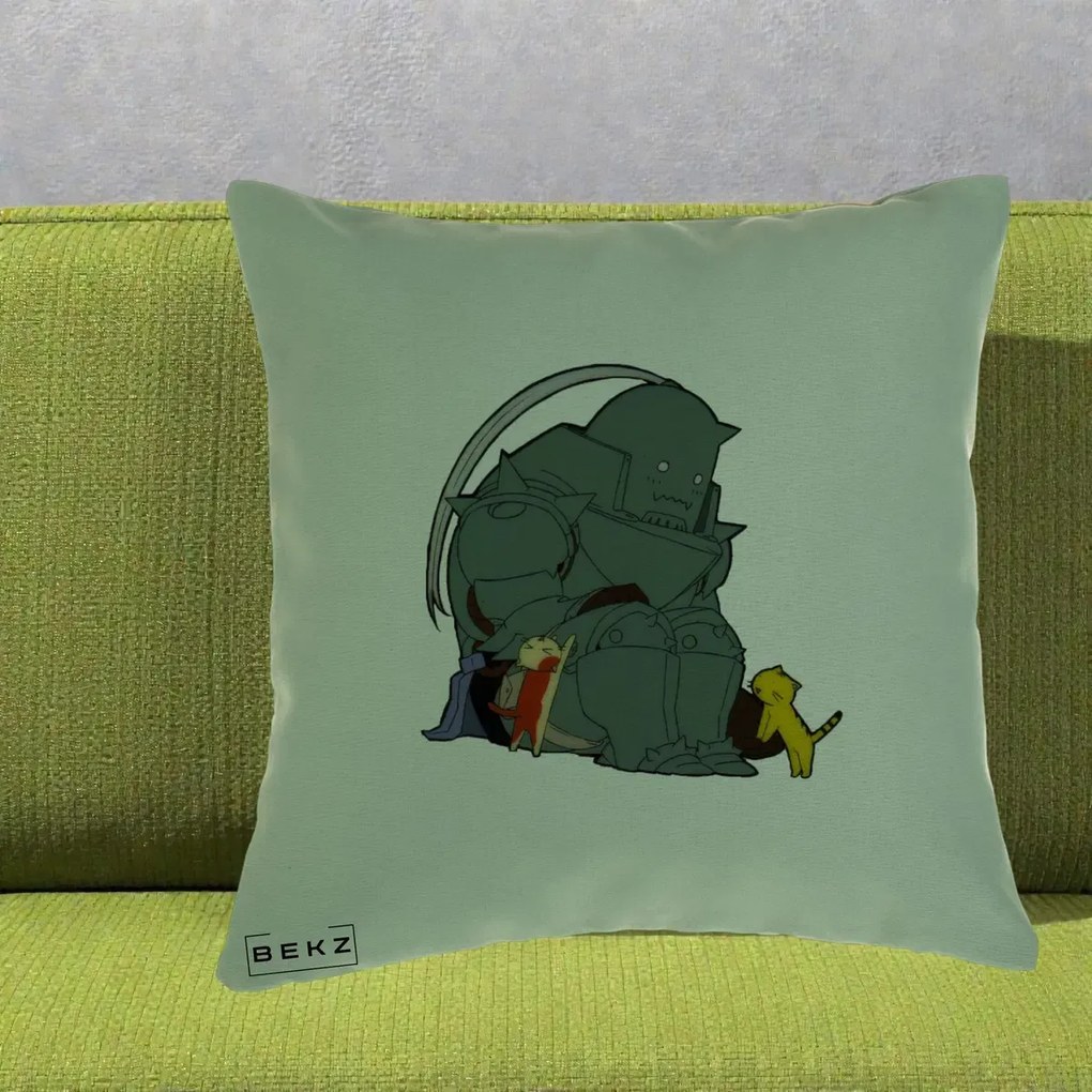 Perna Personalizata Fullmetal Alchemist Alphonse cu Pisici, 40x40 cm, Verde, Husa Detasabila, Perna Inclusa, BEKZ®
