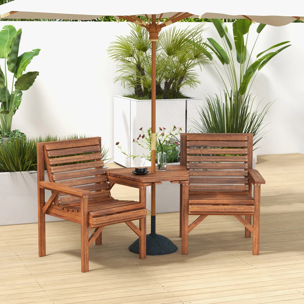 Outsunny Set bistro 3 piese din lemn rezistent la intemperii, set mobilier grădină cu design lamelar și orificiu pentru umbrelă, Carbonizat | Aosom Romania