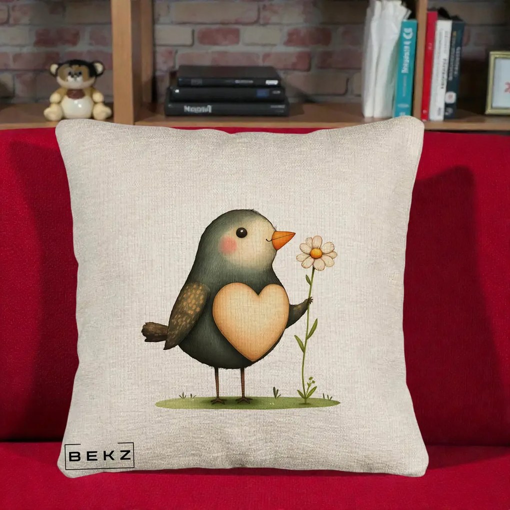 Perna Decorativa Pasare cu Inima si Margareta, 40x40 cm, Bej Canapea, Husa Detasabila, Perna Inclusa, BEKZ®