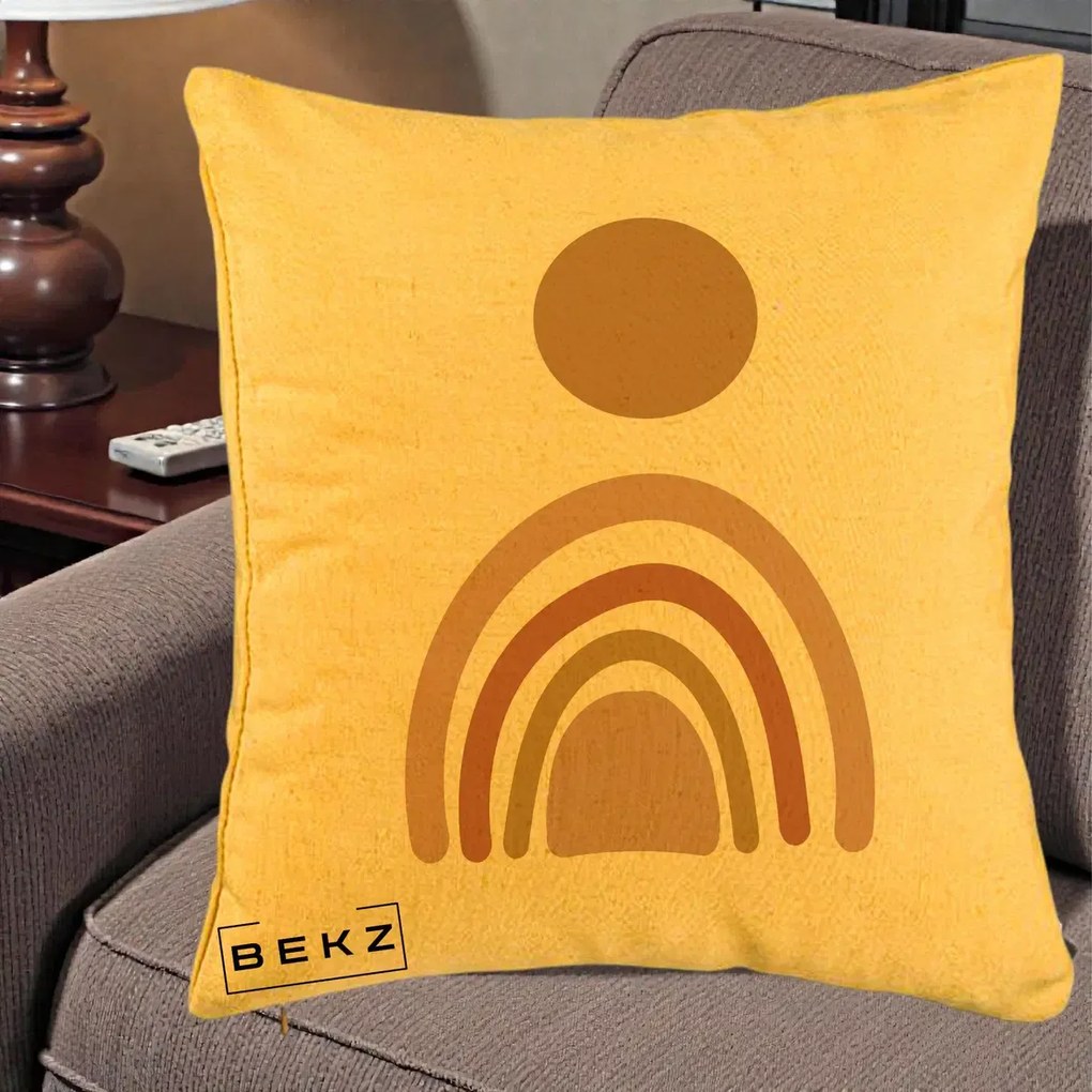 Perna Decorativa Boho Rainbow Sun, 40x40 cm, Galben, Husa Detasabila, Perna Inclusa, BEKZ®