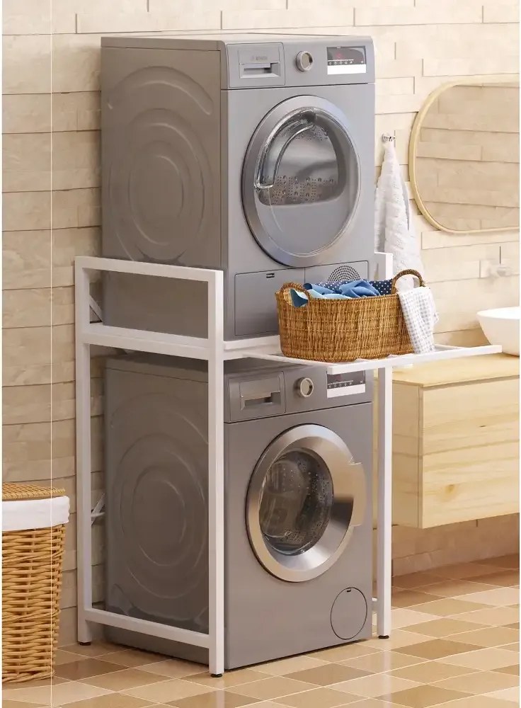 Suport raft pentru mașină de spălat și uscător cu sertar,alb