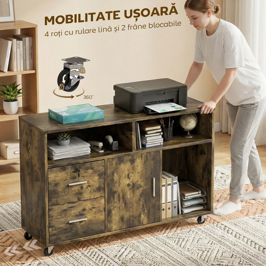 HOMCOM Dulap pentru Imprimantă pe Roți cu 2 Sertare, Încuietoare cu Cheie, 3 Rafturi și Dulap, pentru Documente de Birou și Studiu, 100x35x65 cm, Maro Rustic | Aosom Romania