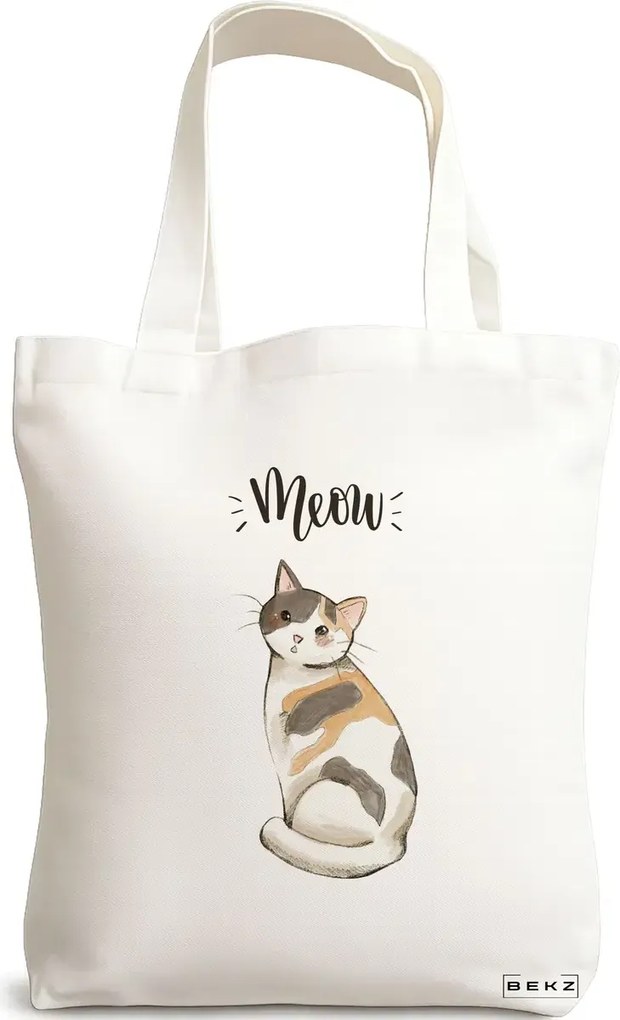 Sacosa de Panza pentru Cumparaturi, Geanta Tote, model Meow 2, 38x34.5 cm, Alba, BEKZ®