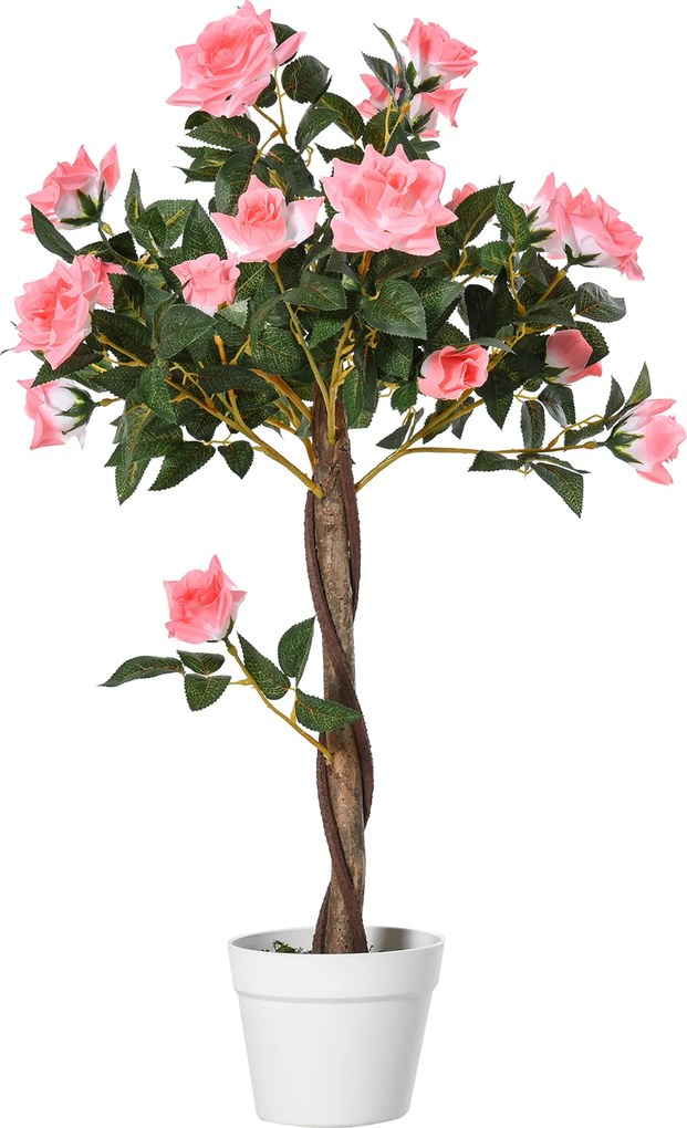 Outsunny Plantă Artificială de Trandafiri cu 21 de Flori, Ghiveci Umplut cu Ciment și Mușchi, Ø18x90 cm, Roz | Aosom Romania