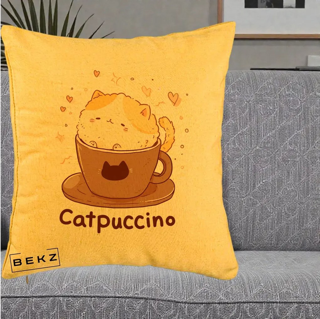 Perna Decorativa Catpuccino Pisica Cappuccino, 40x40 cm, Galben, Husa Detasabila, Perna Inclusa, BEKZ®