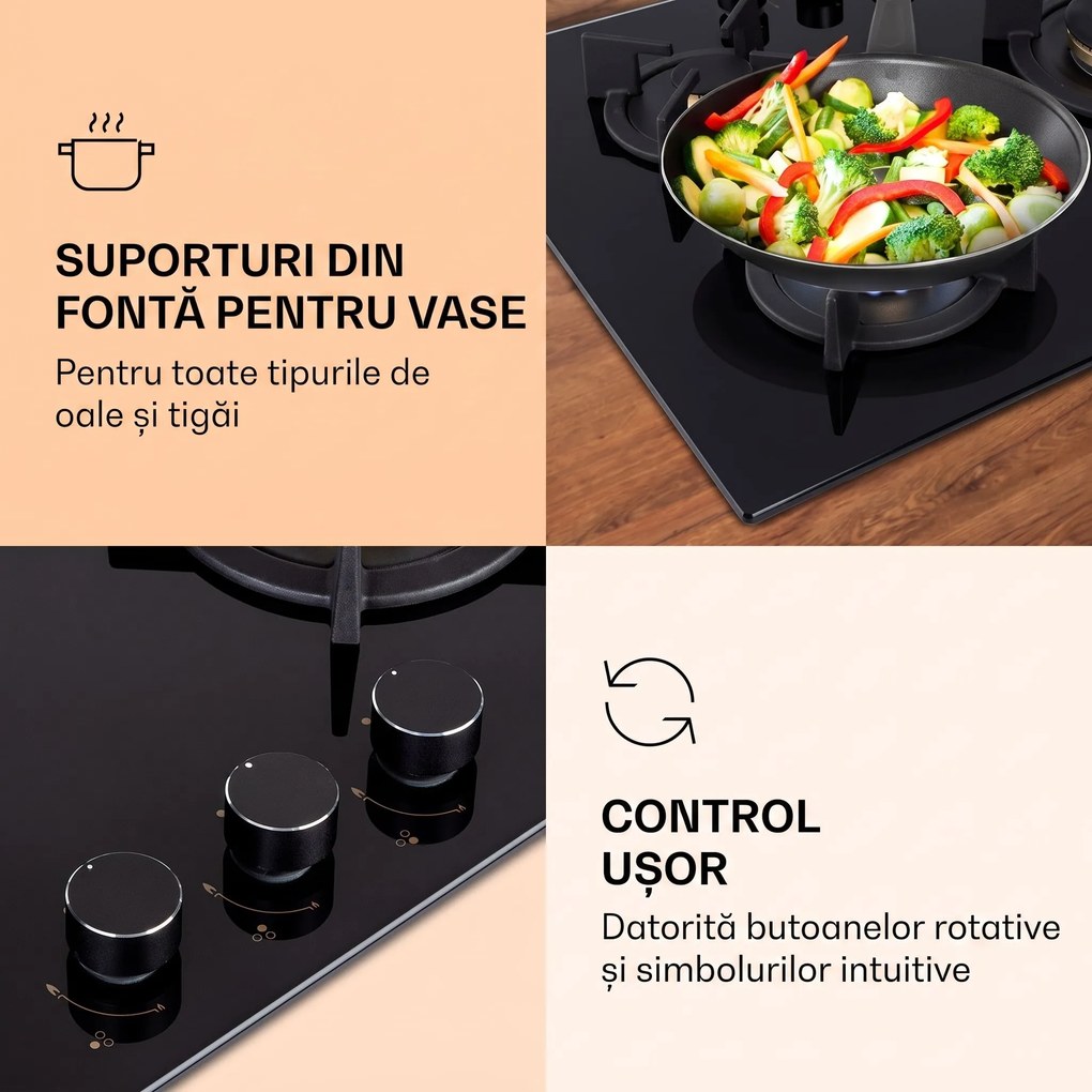 Klarstein Goldflame 3, plită pe gaz, 3 arzătoare, arzătoare Messing, sticlă ceramică