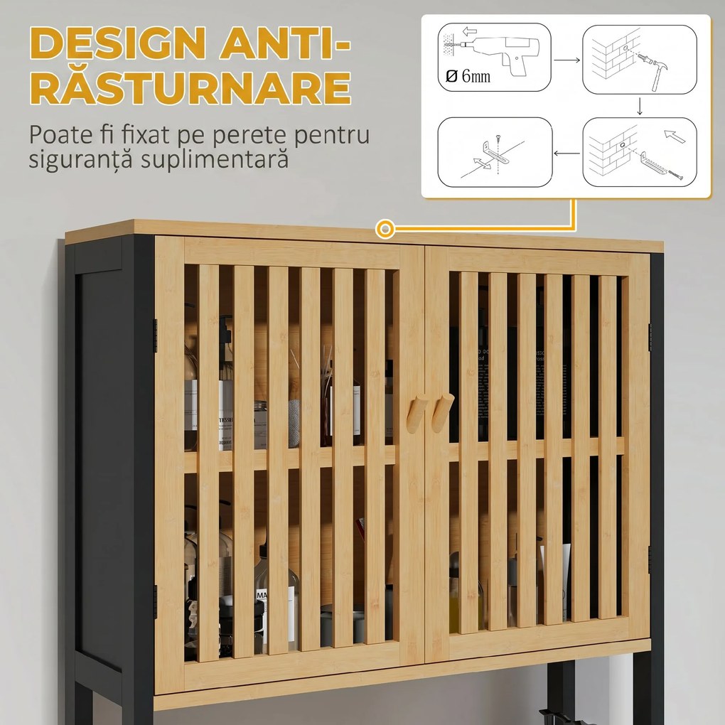 HOMCOM Dulap Baie cu Economie de Spațiu, Dulap Deasupra Toaletei cu 2 Uși și Raft Deschis, 60x21,5x172 cm, Lemn Natural | Aosom Romania