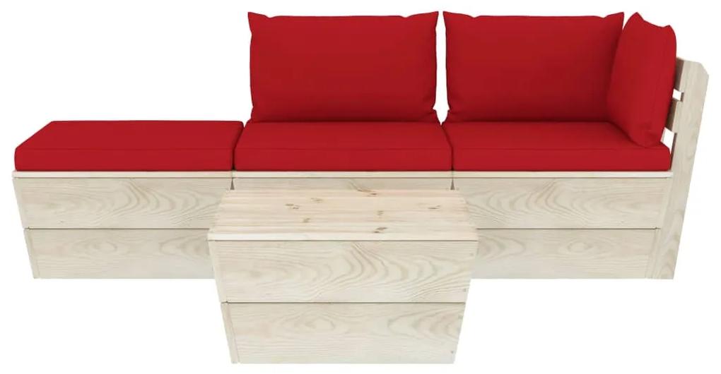 Set mobilier gradina din paleti cu perne, 4 piese, lemn molid Rosu, colt + mijloc + suport pentru picioare + masa, 1