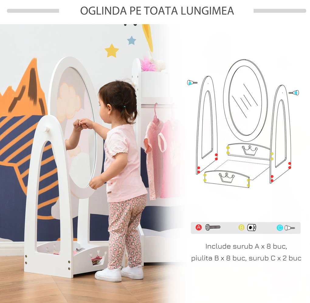 Oglinda pentru Dormitorul copiilor Pivotanta , Oglinda de Podea pentru Copii din Lemn Alb cu Raft de Depozitare 40x30x104cm | Aosom RO