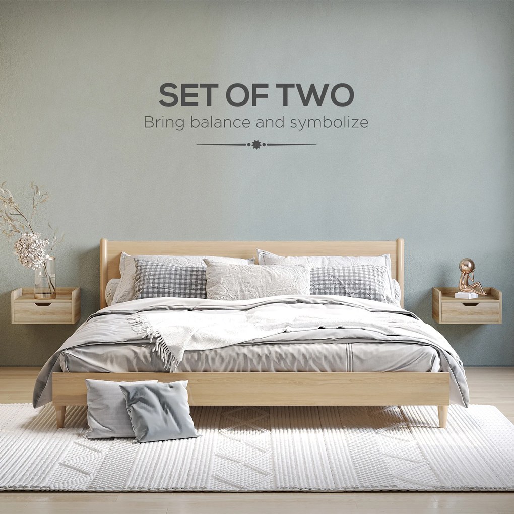 HOMCOM Set 2 Noptiere Suspendate cu Sertar de Depozitare, 40x30x19.5cm, Design Modern Natur pentru Dormitor | Aosom Romania