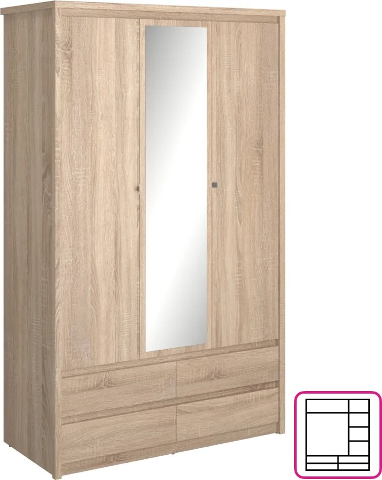 Dulap cu oglindă 3D4S, stejar sonoma, NORTY TYP 1