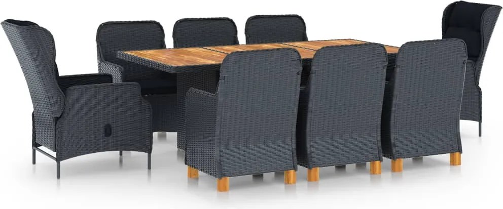 vidaXL Set mobilier exterior cu perne, 9 piese, gri închis, poliratan