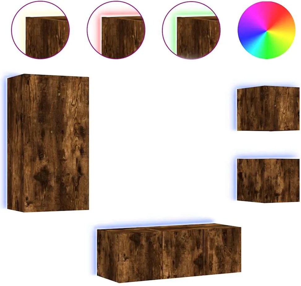 vidaXL Unități de perete TV cu LED-uri, 5 piese, stejar fumuriu, lemn