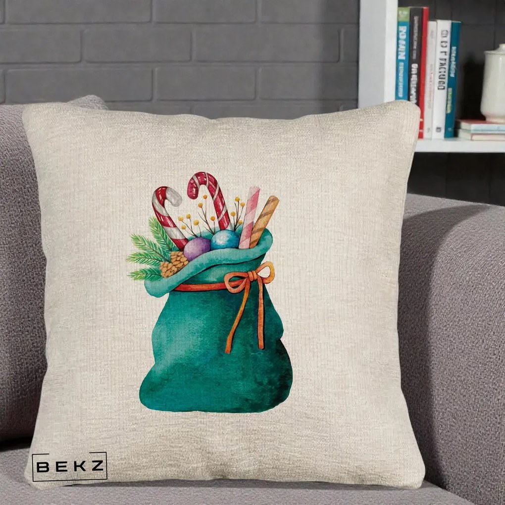 Perna Decorativa Saculet Cadouri Mos Craciun Acuarela Verde, 40x40 cm, Bej Canapea, Husa Detasabila, Perna Inclusa, BEKZ®