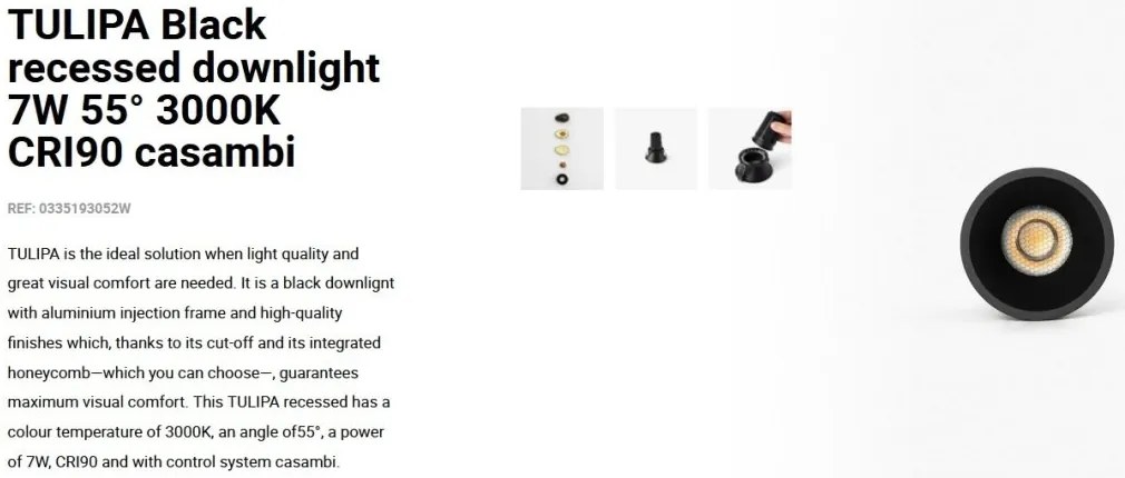 Spot LED incastrabil TULIPA Black recessed downlight 7W 55° 3000K CRI90 casambi