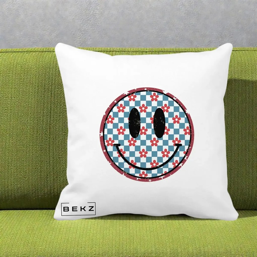 Perna Decorativa Smiley Face Checkered cu Floricele, 40x40 cm, Alba Mata, Husa Detasabila, Perna Inclusa, BEKZ®
