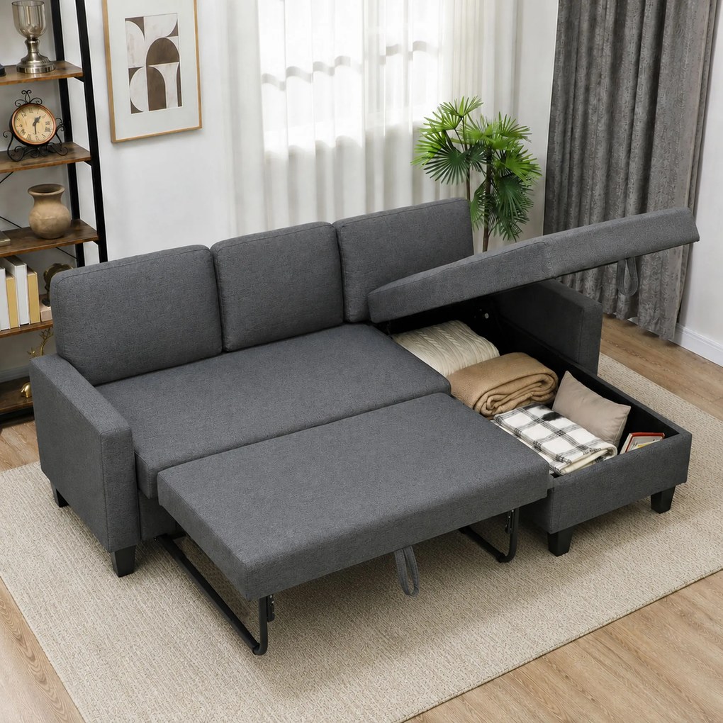 HOMCOM Canapea Extensibilă cu 3 Locuri cu Șezlong și Spațiu de Depozitare, 197x129x85 cm, Gri Închis | Aosom Romania